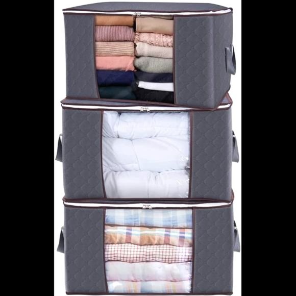 Large Capacity Clothes Storage Bag Organizer 3 Pack 90L Grey